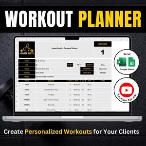 Puede incluir: Un planificador de entrenamiento digital en la pantalla de un portátil, con un diseño de hoja de cálculo con columnas para ejercicio, series, repeticiones y descanso. La interfaz incluye el logo de James Smith, detalles del cliente e iconos circulares para Excel, Google Sheets y un tutorial de YouTube.