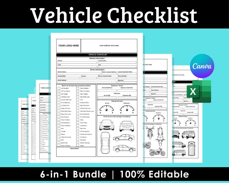May include: A set of white vehicle checklist forms with black text, featuring sections for vehicle and driver information. The forms are labelled "Vehicle Checklist" and "6-in-1 Bundle | 100% Editable". A Canva and Excel logo are also visible.
