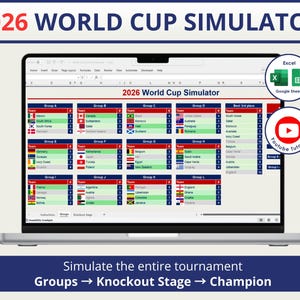 May include: A laptop screen displaying a spreadsheet titled "2026 World Cup Simulator." The spreadsheet shows groups of teams with flags and rankings. Icons for Excel, Google Sheets, and a YouTube tutorial are also visible. The text "Simulate the entire tournament" is at the bottom.