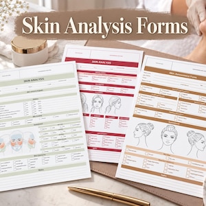 May include: Three printed skin analysis forms with white paper backgrounds and colored headers in sage green, deep red, and tan. Each form features sections for client history, skin concerns, and line art illustrations of faces for mapping skin areas.