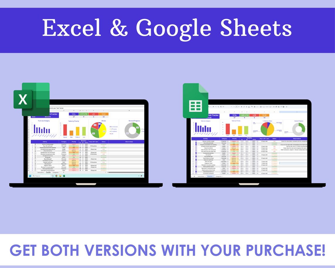 Task Tracker Spreadsheet: Excel & Google Sheets Project Management ...