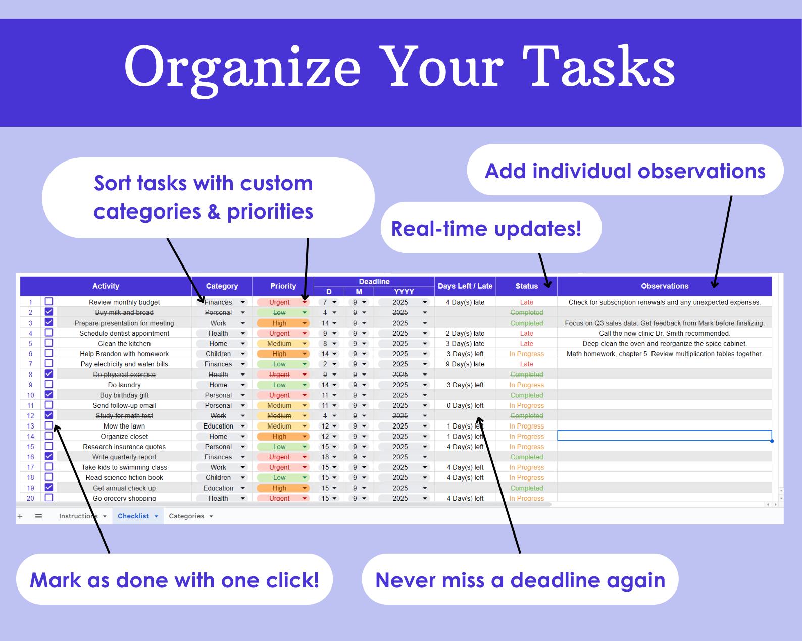 Task Tracker Spreadsheet: Excel & Google Sheets Project Management ...
