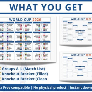May include: A digital graphic design for the 2026 World Cup, featuring a match list of groups A-L, filled knockout brackets, and clean knockout brackets. The design includes team flags and is compatible with Canva.