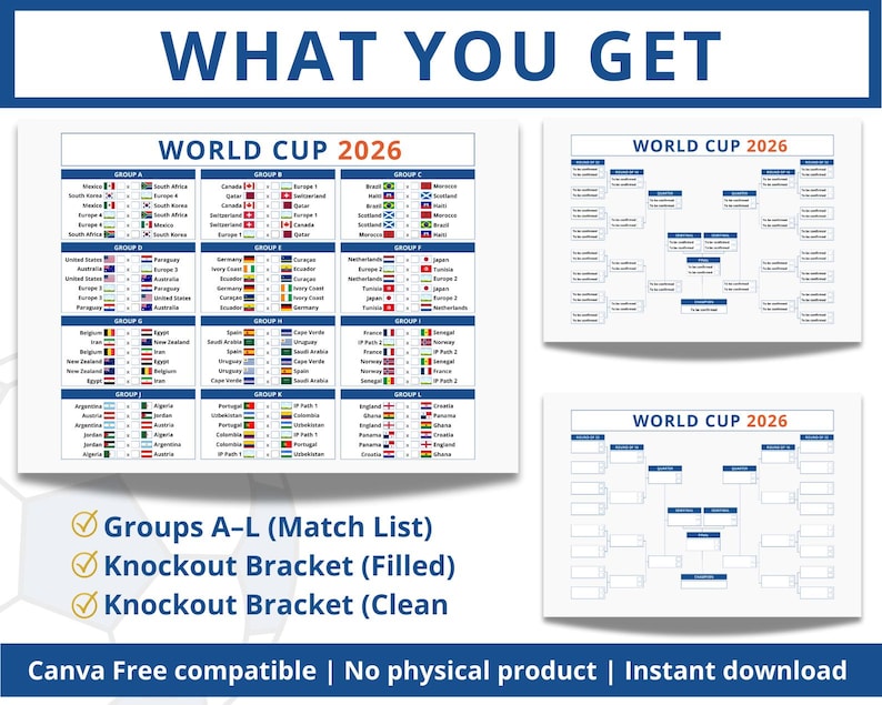 May include: A digital graphic design for the 2026 World Cup, featuring a match list of groups A-L, filled knockout brackets, and clean knockout brackets. The design includes team flags and is compatible with Canva.