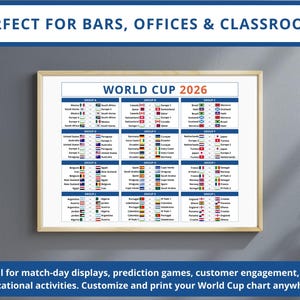 May include: A framed World Cup 2026 chart with team flags and group assignments. The text "PERFECT FOR BARS, OFFICES & CLASSROOMS" is at the top. The bottom text reads "Ideal for match-day displays, prediction games, customer engagement, and educational activities."