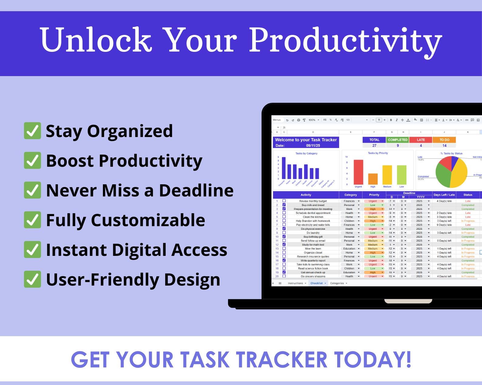 Task Tracker Spreadsheet: Excel & Google Sheets Project Management ...