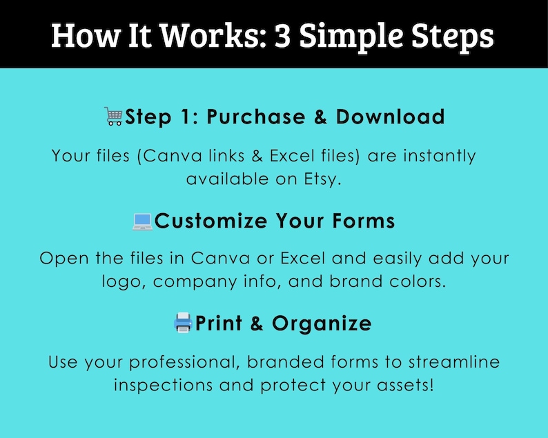 May include: A teal graphic with the text "How It Works: 3 Simple Steps." The steps are "Purchase & Download," "Customize Your Forms," and "Print & Organize." The text explains how to use Canva and Excel files.