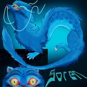 May include: Digital artwork featuring a blue dragon-like creature and a cat-like figure, both with glowing details. The word "Soren" is written in a glittery font. The image has a fantasy theme.