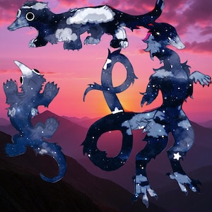 May include: Digital art featuring three stylized creatures with a galaxy theme against a sunset sky. The creatures are various shapes, with dark blue and white coloring, and star details. The background shows mountains and a colorful sky.