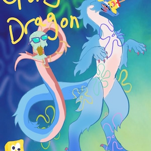 Pode incluir: Uma ilustração digital fantasiosa com um dragão azul com detalhes temáticos do Bob Esponja. A obra de arte inclui o texto "Spongebob Dragon" em amarelo e um sorvete do Lula Molusco.