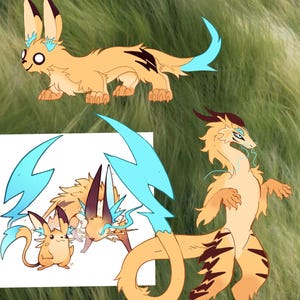 Puede incluir: Ilustración digital de tres criaturas fantásticas. Tienen pelaje amarillo y marrón, detalles azules y patrones de rayos. Una se asemeja a un conejo, otra es un híbrido y la tercera un dragón. El fondo es un campo verde borroso.