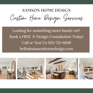 Puede incluir: Un anuncio de Samson Home Design, que ofrece servicios de diseño de casas a medida. El texto incluye "¿Buscas algo más práctico? ¡Reserva hoy una consulta GRATUITA de E-Design!" e información de contacto. La imagen presenta fotos de diseño de interiores.