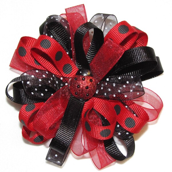 ADORABLE Loopy Ladybug Boutique Hair Bow- Red/White or Red/Black