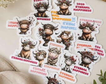 May include: A collection of whimsical stickers featuring cartoon Highland cows adorned with floral crowns. Each sticker has the text "Eternal Happiness" or "2026 Eternal Happiness". The stickers are in various poses and colors.