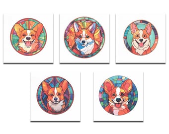 Set of 5 Different Adorable Stained Glass Window Corgi Quilt Squares