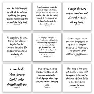 May include: Nine square white cards with black script featuring Bible verses. The cards display inspirational quotes from the Bible, including verses about faith, hope, and overcoming challenges. The cards are arranged in a 3x3 grid.