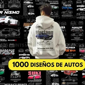 Peut inclure: Un sweat à capuche blanc avec un motif de voiture au dos, représentant une Mustang bleue et le texte "Ford Mustang Shelby GT350". Le fond est un collage d'illustrations et de logos de voitures, avec le texte "1000 DISEÑOS DE AUTOS" sur une bannière jaune.