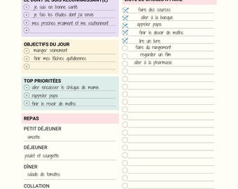 May include: A daily planner page with handwritten notes in French. The page includes sections for affirmations, gratitude, to-do lists, goals, meals, and water intake. The date is 11/09/2025.