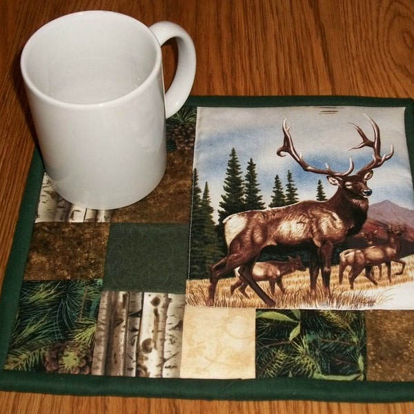 Candle Mat, Quilted Mug Rug, Elk, Woodland, Lodge Decor, Rustic Decor, Coaster, Table Topper, Snack Mat, Table Mat, Coaster, Kitchen Decor