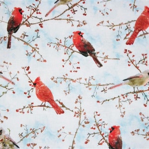 Cardinal Fabric, Bird Fabric, By The Yard, Winter Fabric, Timeless Treasures, Sewing Quilting Fabric, Novelty Fabric, Berries Fabric image 1