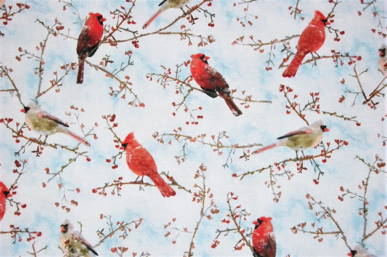 Cardinal Fabric, Bird Fabric, By The Yard, Winter Fabric, Timeless Treasures, Sewing Quilting Fabric, Novelty Fabric, Berries Fabric image 1