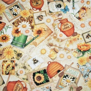 Sunflower Fabric, By The Yard, Country Fabric, QT Fabrics, Flower Fabric, Quilting Fabric, Craft Sewing Fabric, Novelty Honey Bee Fabric,