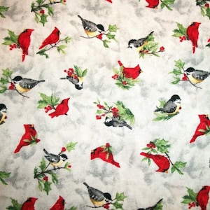Bird Fabric, Chickadee Fabric, Cardinal Fabric, By The Yard, Susan Winget, Sewing Quilting Fabric, Novelty Fabric, Winter Holly Fabric