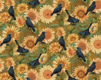 Sunflower Fabric, Black Crows, Birds, Floral, Harvest, By The Yard, Country Fabric, Henry Glass, Quilting Craft Sewing, 100% Cotton, #3439,