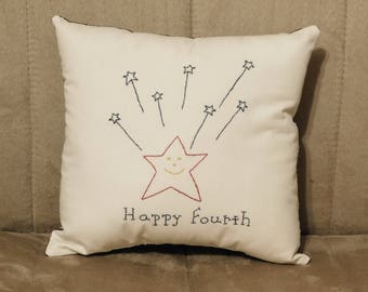 Americana Pillow, Patriotic Pillow, Stitchery, Original Design, Hand Embroidered Pillow, Cushion, Star Pillow Decor, Cottage Chic Decor