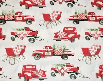 Red Truck Fabric, Christmas Fabric, By The Yard, Holiday Fabric, Henry Glass, Quilting Sewing Fabric, Snow Sleigh Fabric, Country Rustic