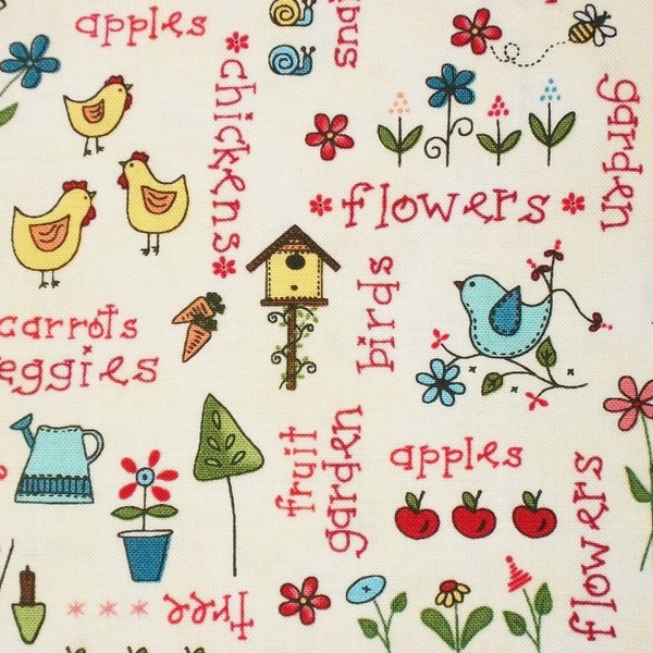 Chicken Fabric, Birdhouse Fabric, By The Yard, Henry Glass, Sewing Quilting Fabric, Novelty Fabric, Summer Fabric,  Country Flower Fabric,