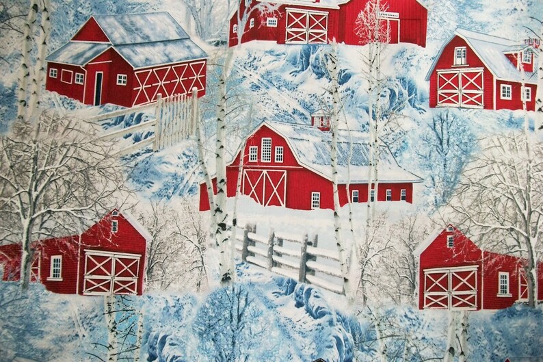 Christmas Fabric Winter Fabric Red Barn Fabric by the Yard Etsy