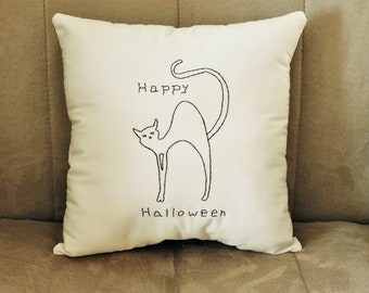 Halloween Pillow, Black Cat Pillow, Stitchery Pillow, Original Design, Hand Embroidered, Cat Pillow, Decorative Pillow, Fall Pillow