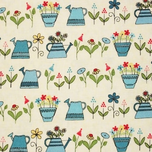 Gardening Fabric, Watering Can Fabric, By The Yard, Henry Glass, Sewing Quilting Fabric, Novelty Fabric, Summer Fabric, Flower Fabric, image 1