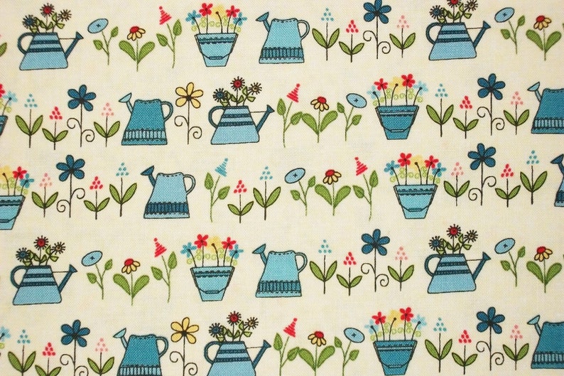 Gardening Fabric, Watering Can Fabric, By The Yard, Henry Glass, Sewing Quilting Fabric, Novelty Fabric, Summer Fabric, Flower Fabric, image 1