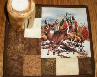 Quilted Candle Mat, Mug Rug, Coaster, Lodge Decor, Deer Decor, Snack Mat, Table Topper, Rustic Mini Quilt,  Deer Table Topper, Rustic Decor