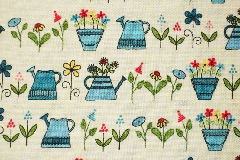 Gardening Fabric, Watering Can Fabric, By The Yard, Henry Glass, Sewing Quilting Fabric, Novelty Fabric, Summer Fabric, Flower Fabric, image 2
