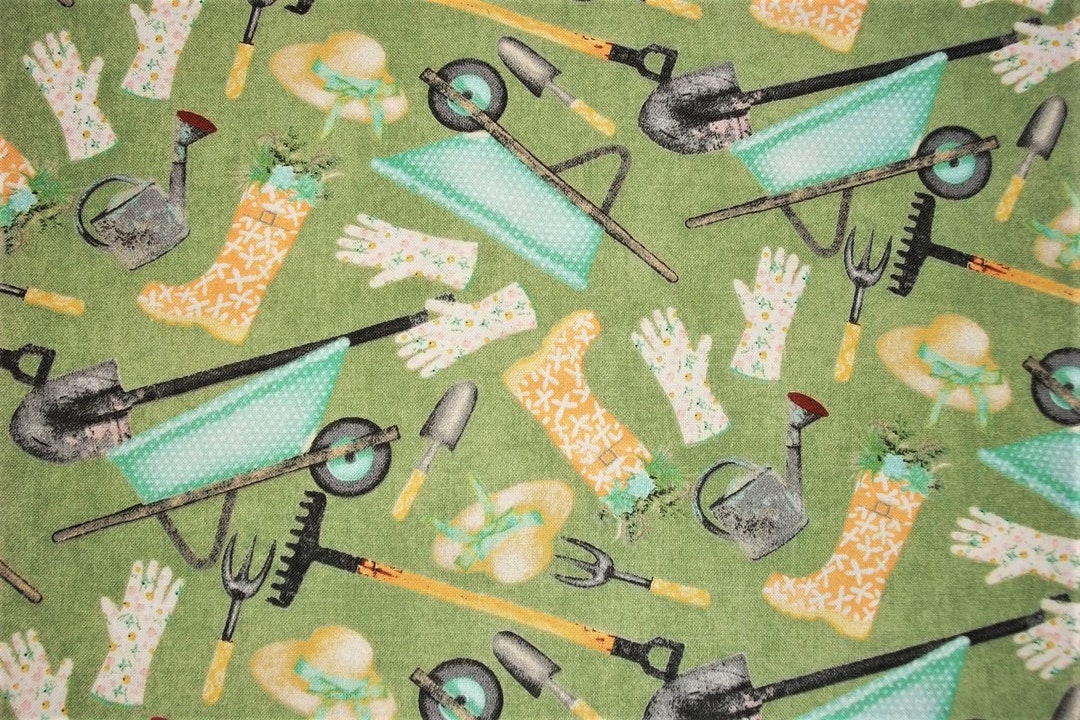 Gardening Fabric, Garden Tools Fabric, by the Yard, 3 Wishes Fabrics