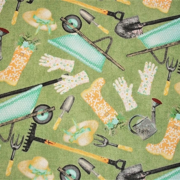 Gardening Fabric, Garden Tools Fabric, By The Yard, 3 Wishes Fabrics, Sewing Quilting Fabric, Novelty Fabric, Spring Fabric, Wheelbarrows