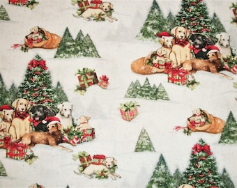 Susan Winget Fabric, Christmas Fabric, Winter, By The Yard, Quilting Sewing Crafting, Novelty Puppy Dog Woodland Christmas, 100% Cotton