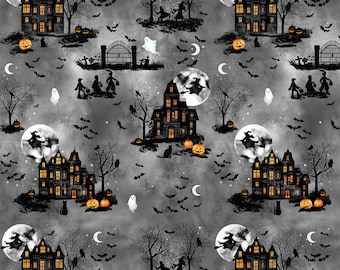 Halloween Fabric, Haunted Houses Fabric, By The Yard, Hoffman California, Quilting Sewing Fabric, Novelty Fabric, Bats, Graveyard Fabric