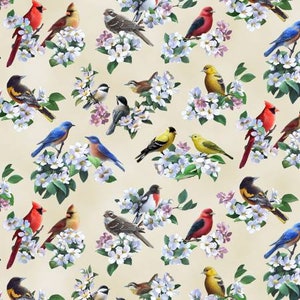 Cardinal Fabric, Chickadee Fabric, Bird Fabric, By The Yard, Spring Fabric, Elizabeth Studios, Sewing Quilting Fabric, Novelty Fabric,
