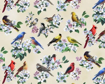 Cardinal Fabric, Chickadee Fabric, Bird Fabric, By The Yard, Spring Fabric, Elizabeth Studios, Sewing Quilting Fabric, Novelty Fabric,