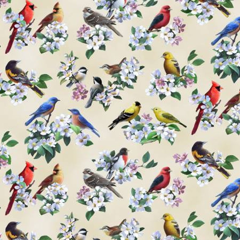 Cardinal Fabric, Chickadee Fabric, Bird Fabric, By The Yard, Spring Fabric, Elizabeth Studios, Sewing Quilting Fabric, Novelty Fabric, image 1