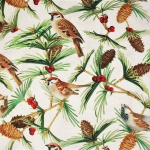 Bird Fabric, Pine Cone Fabric, Timeless Treasures, By The Yard, Sewing Quilting Fabric, Novelty Fabric, Berries Fabric, Nature Fabric,