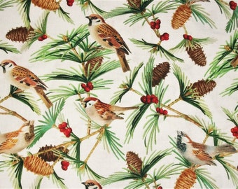 Bird Fabric, Pine Cone Fabric, Timeless Treasures, By The Yard, Sewing Quilting Fabric, Novelty Fabric, Berries Fabric, Nature Fabric,