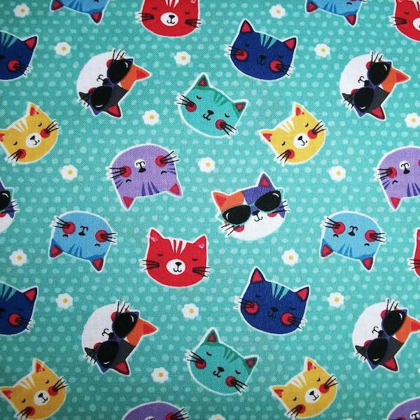 Cat Fabric, Kitty Fabric, By The Yard, Wilmington Prints, Quilting Craft Sewing Fabric, Novelty Fabric, Animals,  Colorful Cats, #68581