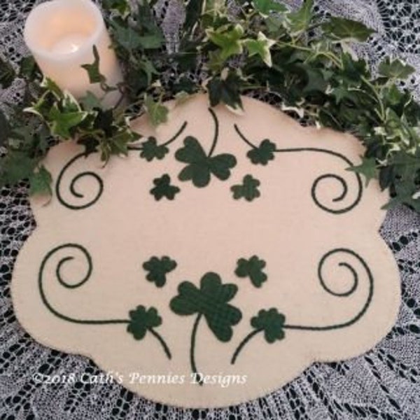 Wool Applique Pattern, St Patrick Wool Applique Pattern, Shamrock Wool Applique, Wool Candle Mat, Penny Rug Pattern, Clover, PATTERN ONLY