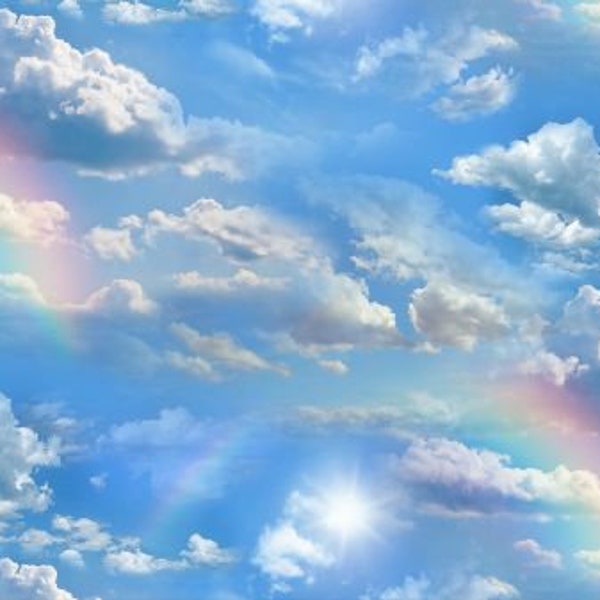 Cloud Fabric, Sky Fabric, By The Yard, Elizabeth Studios, Quilting Crafting Sewing Fabric, Blue Fabric, Novelty Fabric, Rainbow Cloud Fabric