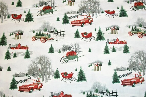 Red Truck Fabric Christmas Fabric By The Yard Holiday Etsy